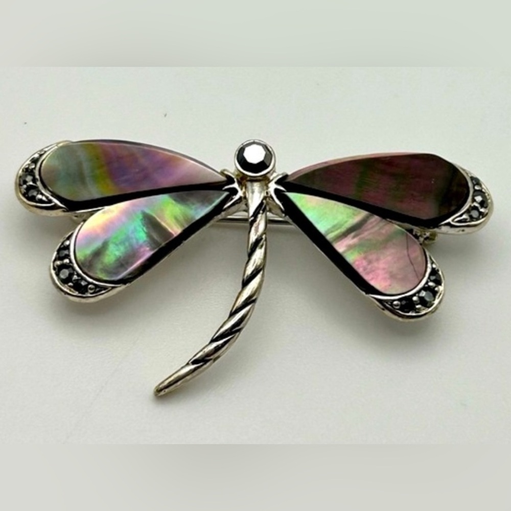 Vintage Monet Mother of Pearl Inlay Dragonfly Brooch with Marcasite Stones